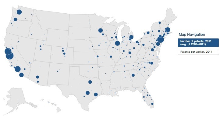 The dots indicate the areas with the most patents. At Brookings (linked below), the map is interactive.