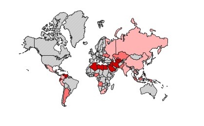 Areas in red indicate the world's highest fossil fuel subsidy rates.